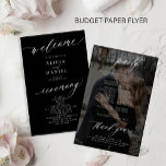 Budget black photo wedding program<br><div class="desc">Modern simple minimalist white script trendy solid black ceremony and party cheap BUDGET wedding program paper flyer template featuring chic trendy romantic elegant calligraphy and custom photo overlay on the backside. Easy to personalize with your custom text and picture on both sides! PLEASE READ THIS BEFORE PURCHASING! This is a...</div>