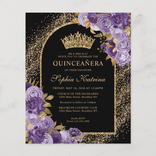 Budget Black Purple Violet Gold Floral Quinceanera (Front)