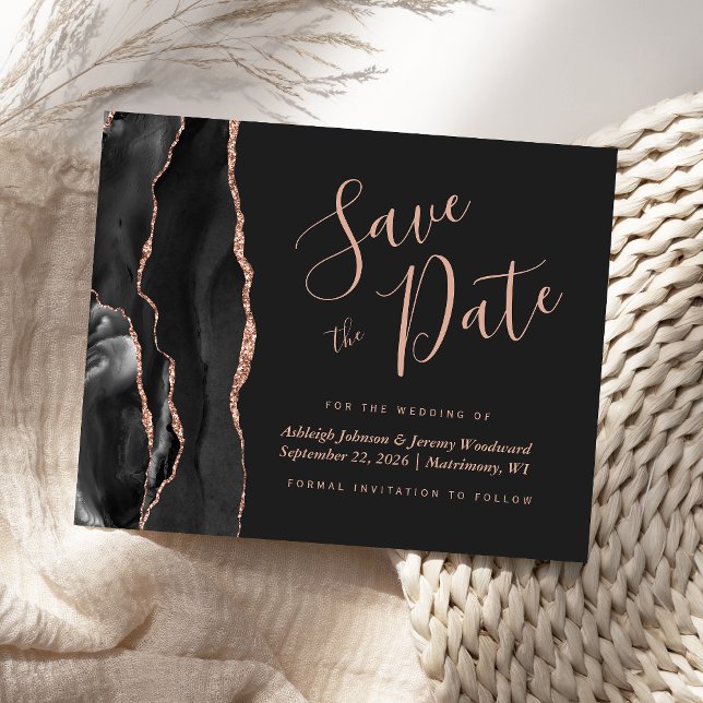 Budget Black Rose Gold Agate Dark Save the Date (Creator Uploaded)
