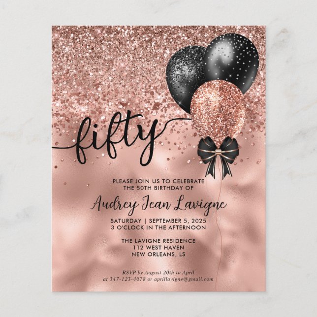 Budget Black Rose Gold Balloon Bow 50th Birthday (Front)