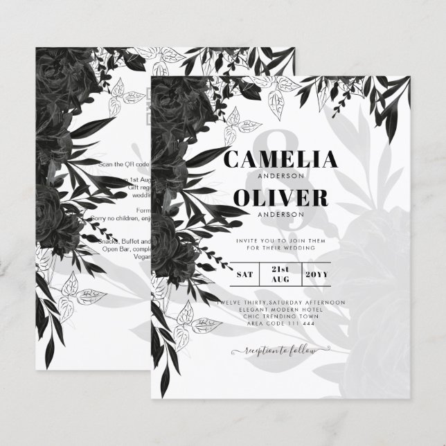 BUDGET Black Roses Elegant White Wedding Invite (Front/Back)