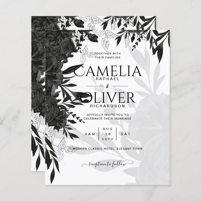 BUDGET Black Roses Elegant White Wedding Invite (Front/Back)