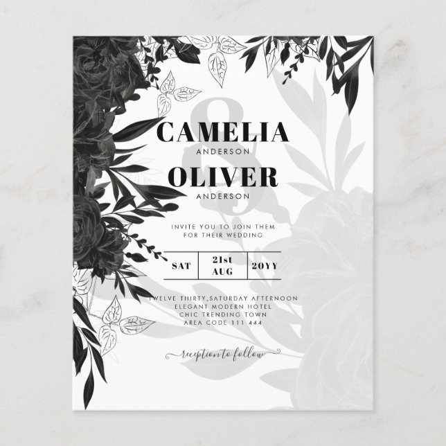 BUDGET Black Roses Elegant White Wedding Invite Flyer (Front)