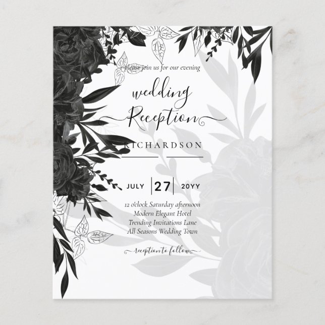 BUDGET Black Roses Elegant White Wedding Invite Flyer (Front)