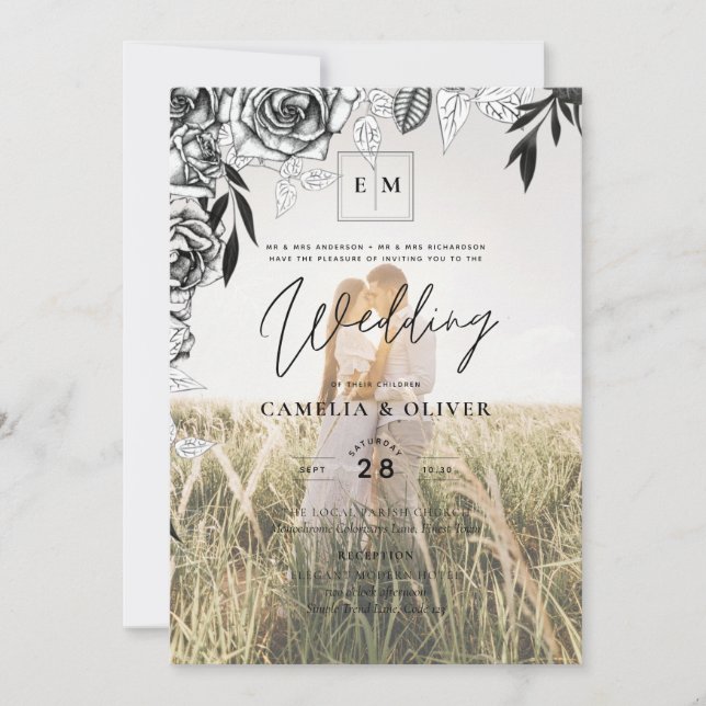Budget Black Roses PHOTO OVERLAY Wedding Invite (Front)