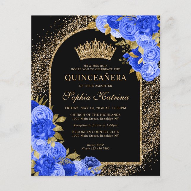Budget Black Royal Blue Gold Floral Quinceanera (Front)