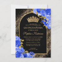 Budget Black Royal Blue Gold Floral Quinceanera