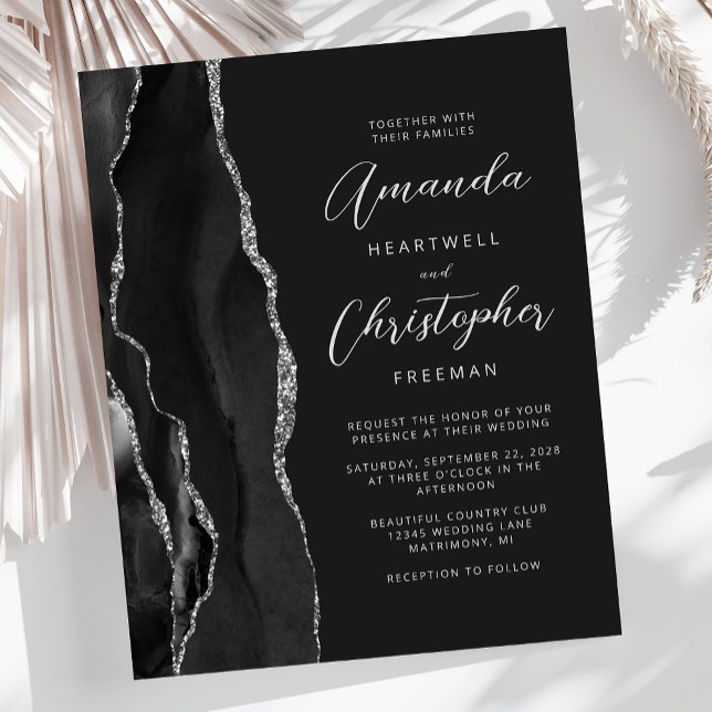 Budget Black Silver Agate Dark Wedding Invitation (Creator Uploaded)