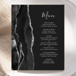 Budget Black Silver Agate Dark Wedding Menu<br><div class="desc">The left-hand edge of this elegant modern wedding menu features a black watercolor agate border trimmed with faux silver glitter. The customizable text combines silver gray handwriting script and copperplate fonts on an off-black background. The reverse side features a matching black and silver agate design.</div>