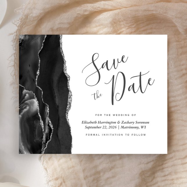 Budget Black Silver Agate Save the Date Card (Creator Uploaded)