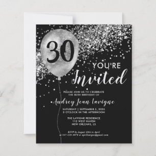 Budget Black Silver Balloon Birthday Invitation