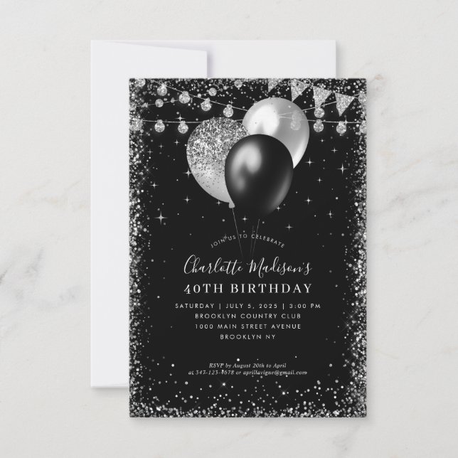 Budget Black Silver Glitter Balloon Light Birthday Card (Front)