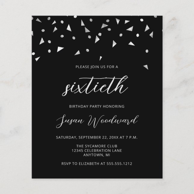 Budget Black Silver Script 60th Birthday Invite (Front)