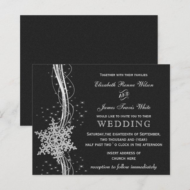 Budget Black Silver Snowflakes wedding invitations (Front/Back)