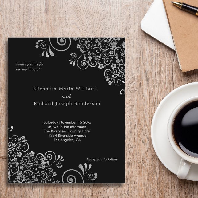 Budget Black Silver Swirls Wedding Invitation (Creator Uploaded)