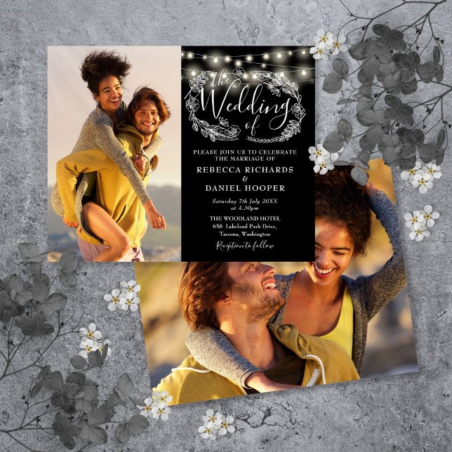 Budget Black String Lights 2 Photo Wedding Invite (Budget Black String Lights 2 Photo Wedding Invite)