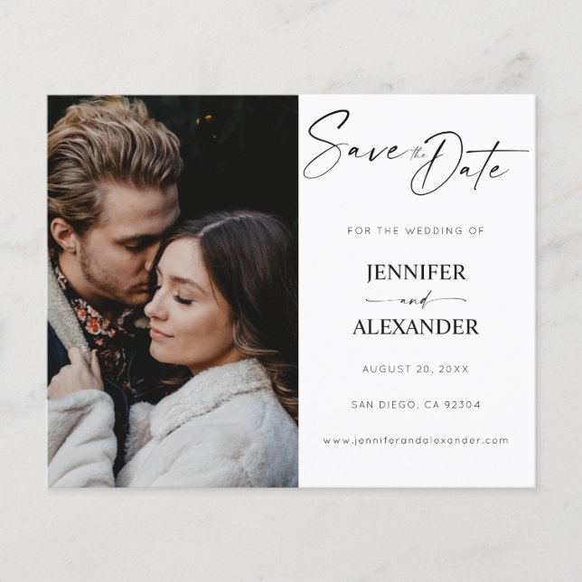 Budget Black & Whi Calligraphy Photo Save the Date Flyer (Front)