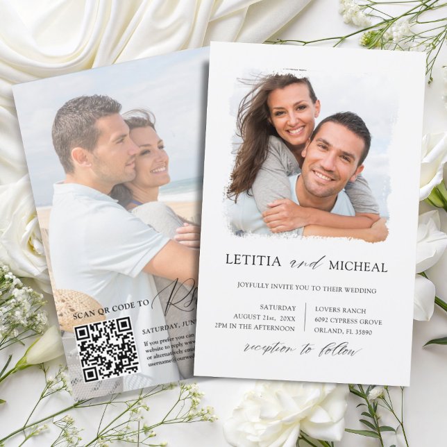 Budget Black & White 2 Photo QR Wedding Invitation (Creator Uploaded)