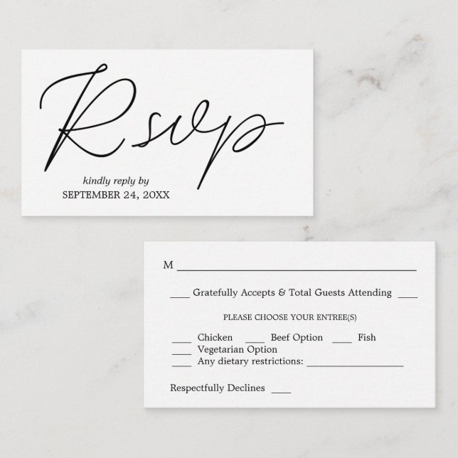 Budget Black & White Calligraphy 3 RSVP with Meal Enclosure Card (Front/Back)