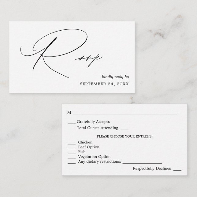 Budget Black & White Calligraphy 4 with Meal RSVP Enclosure Card (Front/Back)