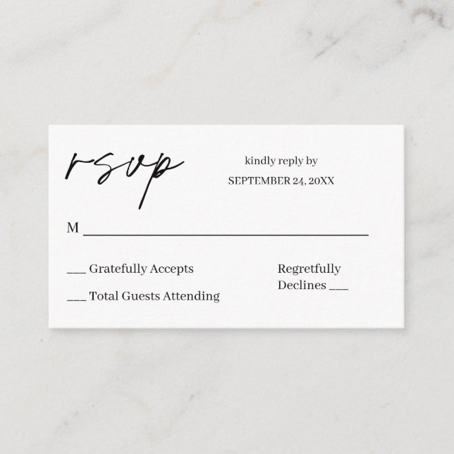 Budget Black & White Calligraphy 8 RSVP no Meal Enclosure Card (Front)