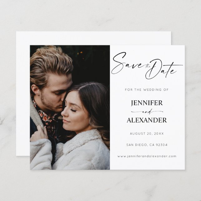 Budget Black & White Calligraphy Save the Date (Front/Back)