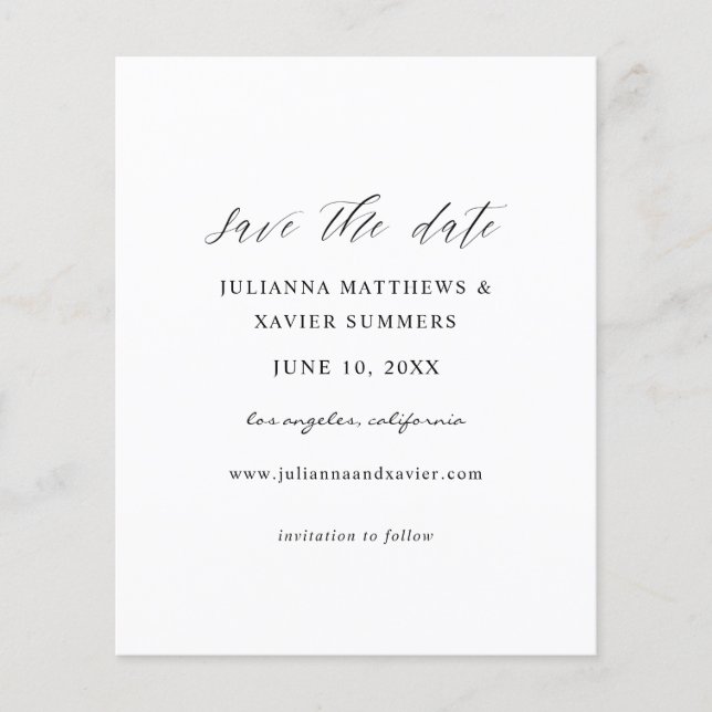 Budget Black & White Elegant Save the Date Flyer (Front)