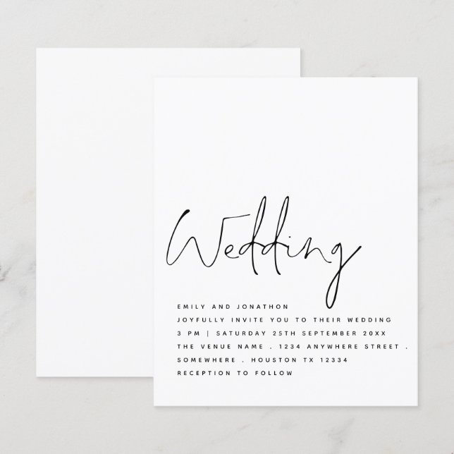 BUDGET Black White Elegant Script Wedding Invite (Front/Back)