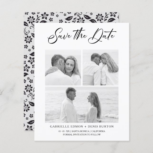 Budget Black White  Floral 2 Photos Trendy Collage (Front/Back)