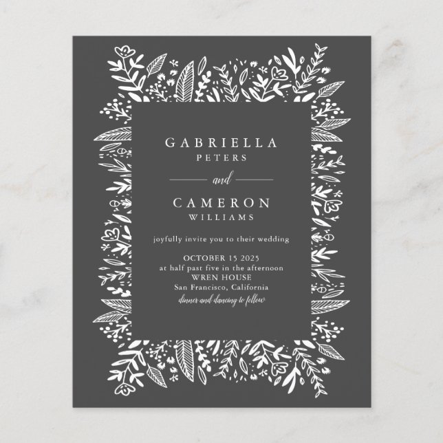 Budget Black White Floral Line Art Wedding Invite (Front)