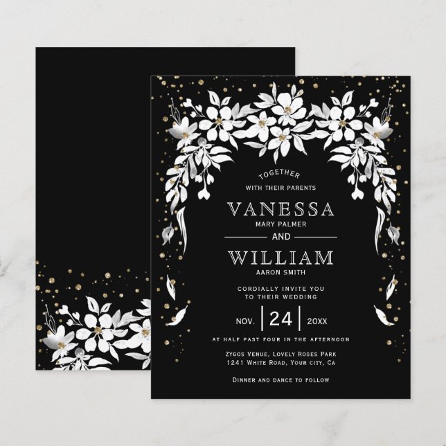 BUDGET black, white floral wedding invitation (Front/Back)