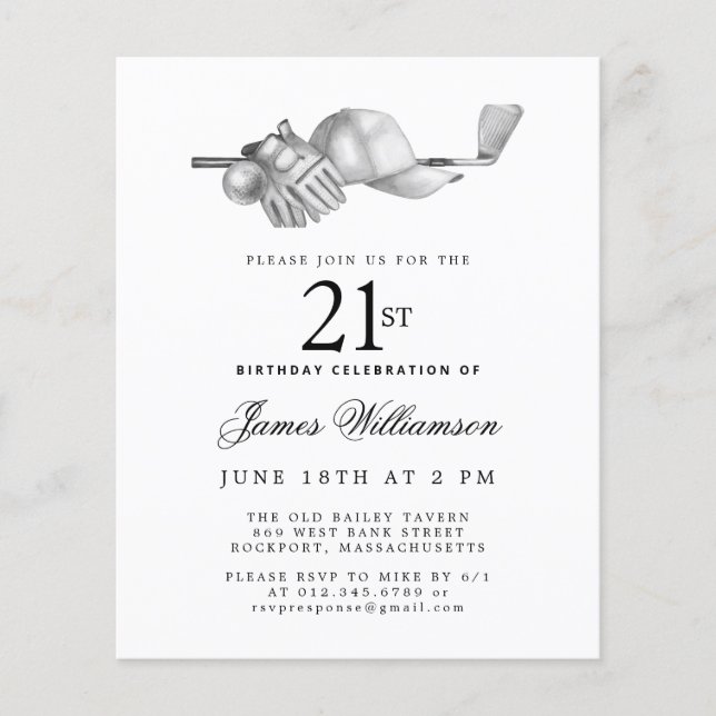 Budget Black White Golf 21st Birthday Invitation (Front)