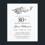 Budget Black White Golf 80th Birthday Invitation<br><div class="desc">Elegant black and white birthday invitation for a golfer. The top of the invitation is decorated with golf accessories - a golf club, golf ball, hat and gloves. The watercolor design creates a traditional and classic aesthetic. Perfect for a birthday bash at the club or a backyard BBQ. All of...</div>