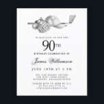 Budget Black White Golf 90th Birthday Invitation<br><div class="desc">Elegant black and white birthday invitation for a golfer. The top of the invitation is decorated with golf accessories - a golf club, golf ball, hat and gloves. The watercolor design creates a traditional and classic aesthetic. Perfect for a birthday bash at the club or a backyard BBQ. All of...</div>