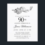 Budget Black White Golf 90th Birthday Invitation<br><div class="desc">Elegant black and white birthday invitation for a golfer. The top of the invitation is decorated with golf accessories - a golf club, golf ball, hat and gloves. The watercolor design creates a traditional and classic aesthetic. Perfect for a birthday bash at the club or a backyard BBQ. All of...</div>