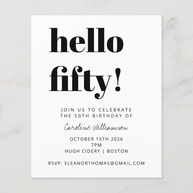 Budget Black White Modern Birthday Party Invite (Front)