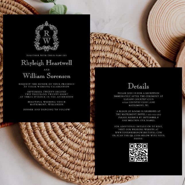 Budget Black White Monogram Crest QR Code Wedding (Creator Uploaded)