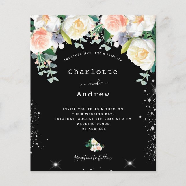 Budget black white pink florals silver wedding  (Front)