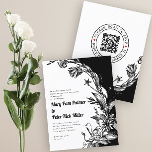 BUDGET Black, white QR RSVP wedding invitation
