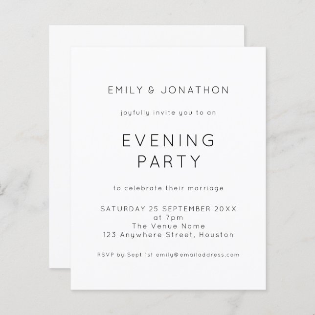 Budget Black White Wedding Evening Party Invite (Front/Back)