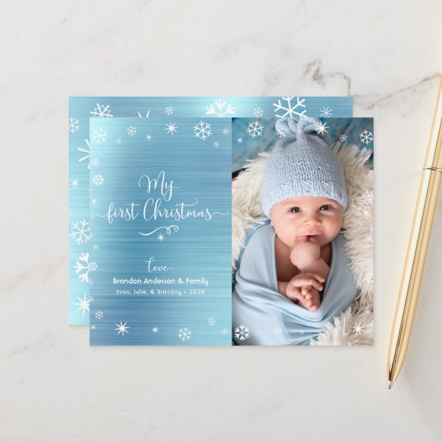 Budget Blue 1st Holiday Baby Photo Snowflakes Card (Front/Back In Situ)
