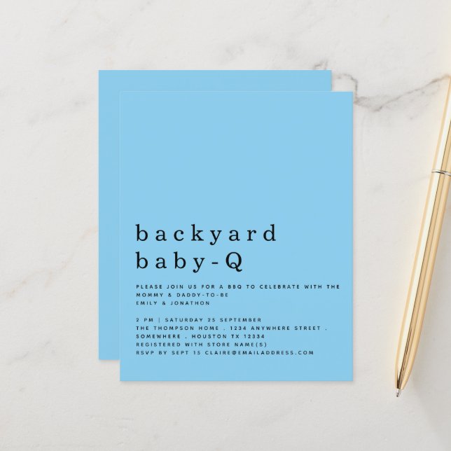 Budget Blue Backyard Baby Q BBQ Shower Invite (Front/Back In Situ)