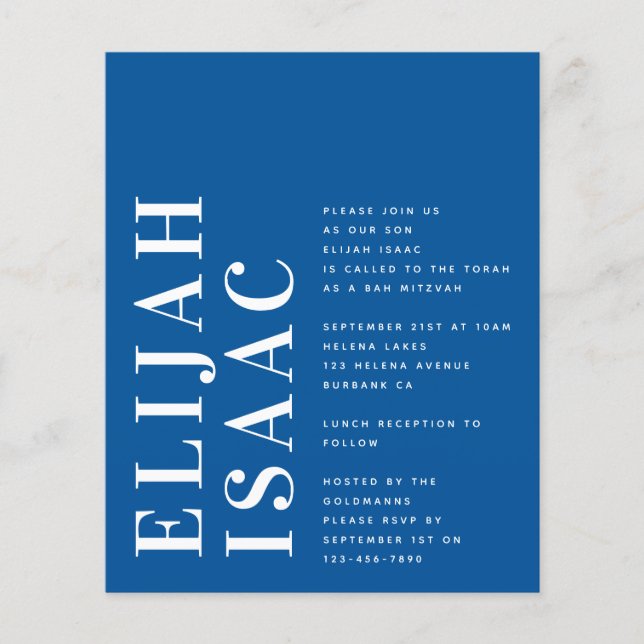 Budget Blue Bah Mitzvah Invitation (Front)