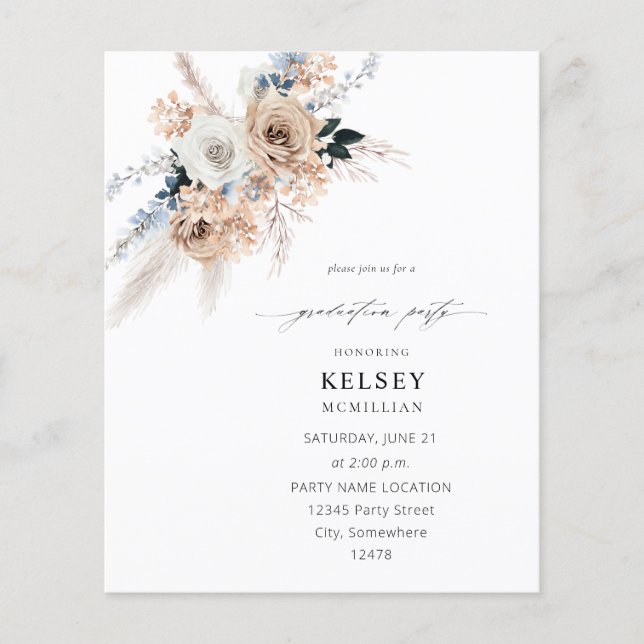 Budget Blue & Beige Boho Floral Graduation Party Flyer (Front)