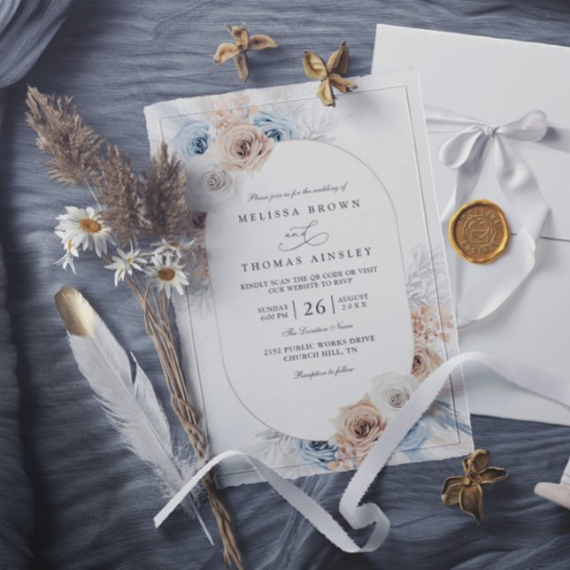 Budget Blue & Beige Boho Floral QR Code Wedding Invitation (Creator Uploaded)