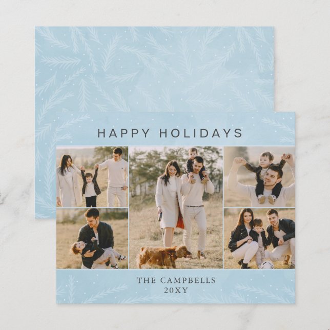 Budget Blue Botanical 5 photo Collage Holiday Card (Front/Back)