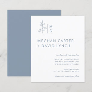 Budget Blue Botanical Monogram Wedding Invitation