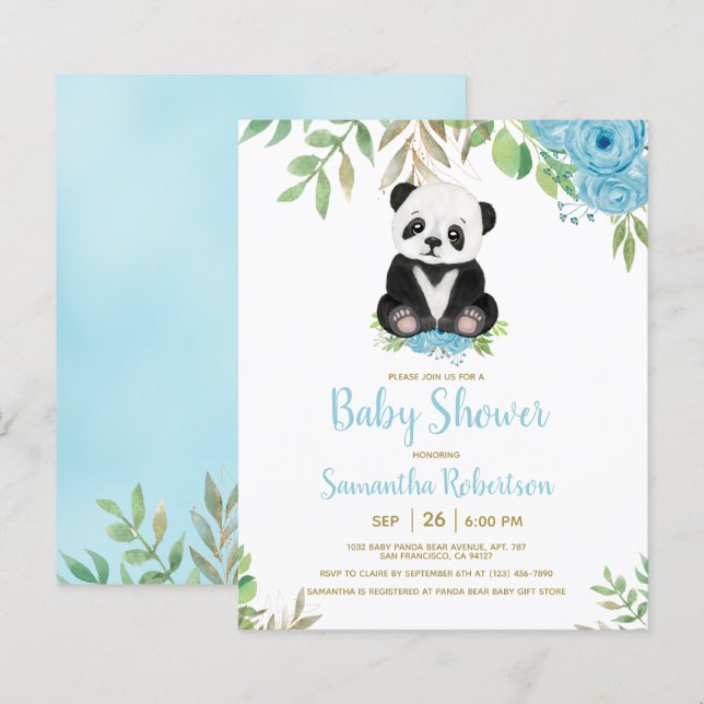Budget Blue Boy Bear Greenery Shower Invitation (Front/Back)
