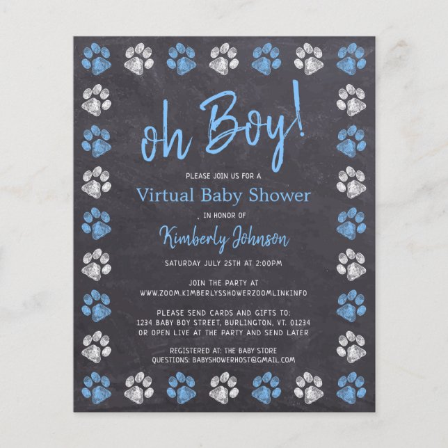 Budget Blue Boy Paw Print Virtual Baby Shower  (Front)