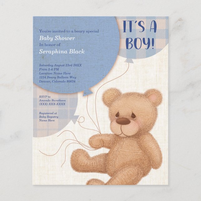 BUDGET Blue Boys Teddy Bear Baby Shower Invite (Front)